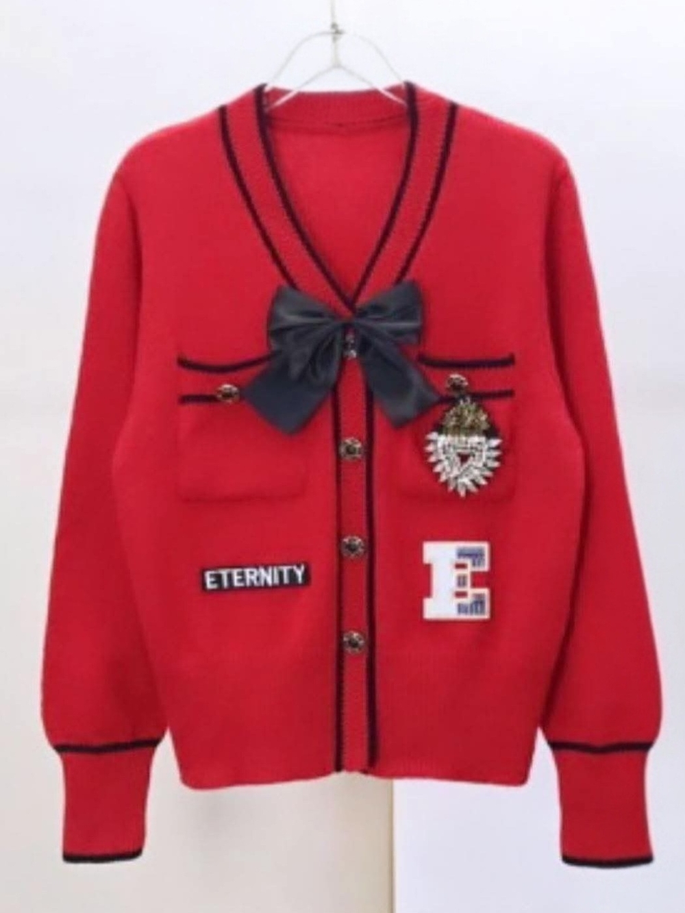 Red V-Neck Embellished Cardigan with Bow and Badges